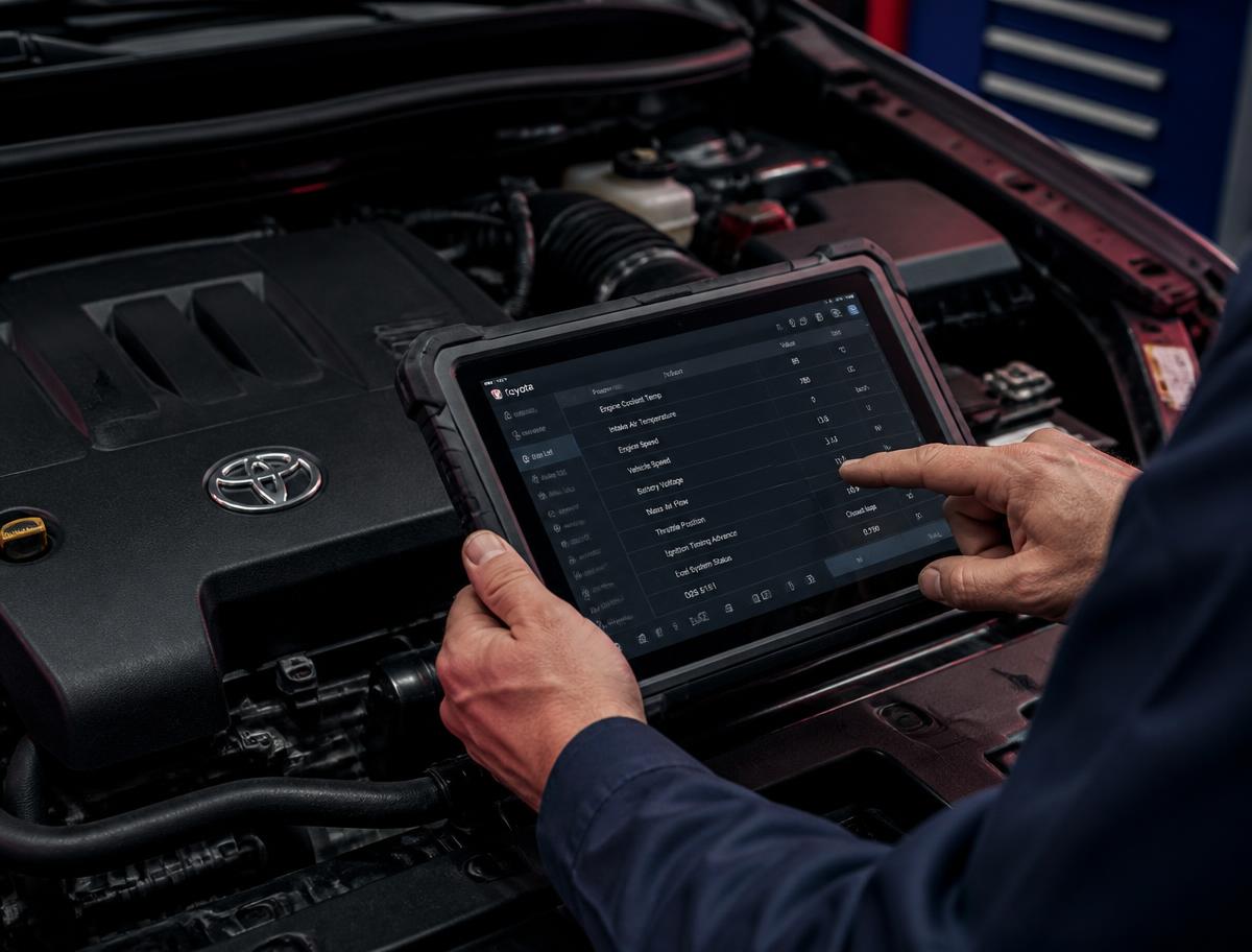 Technician running Toyota diagnostics on a tablet at Ansuare Motors